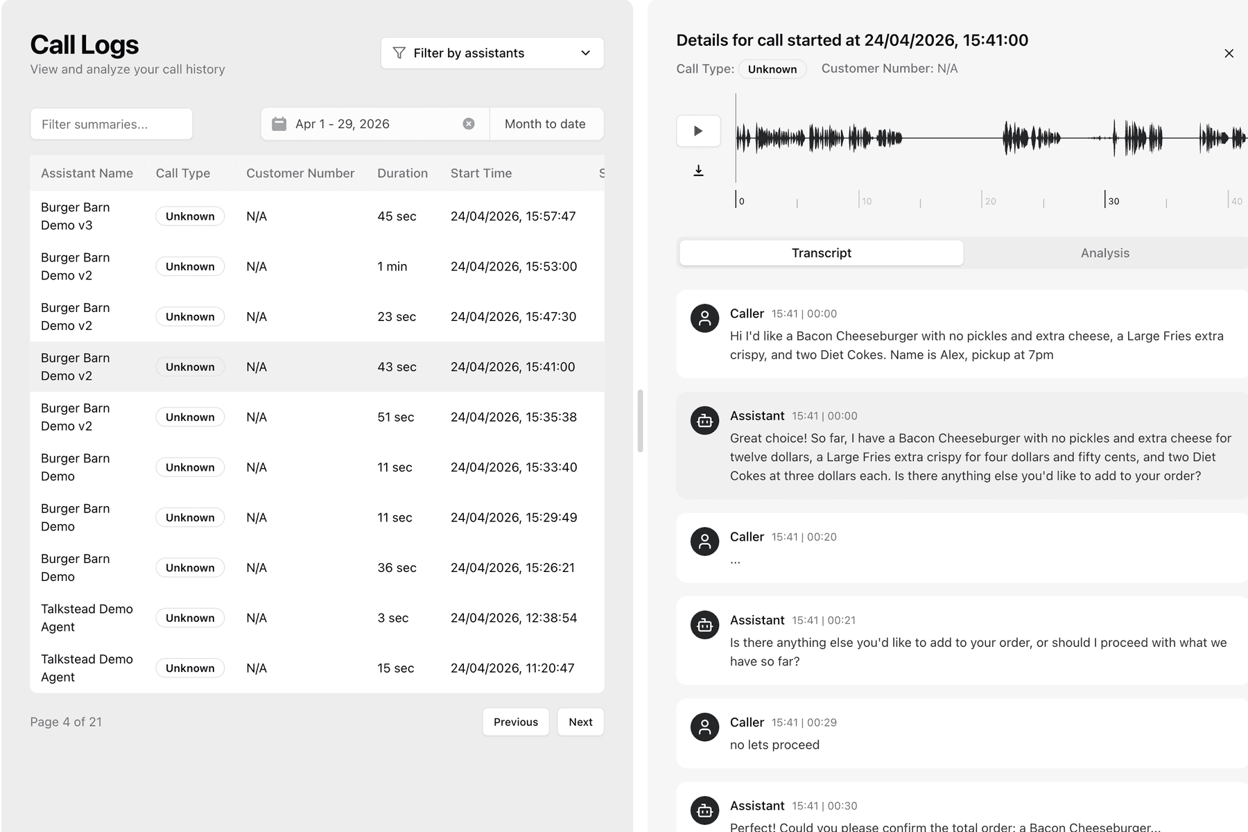 Talkstead call logs and transcript interface